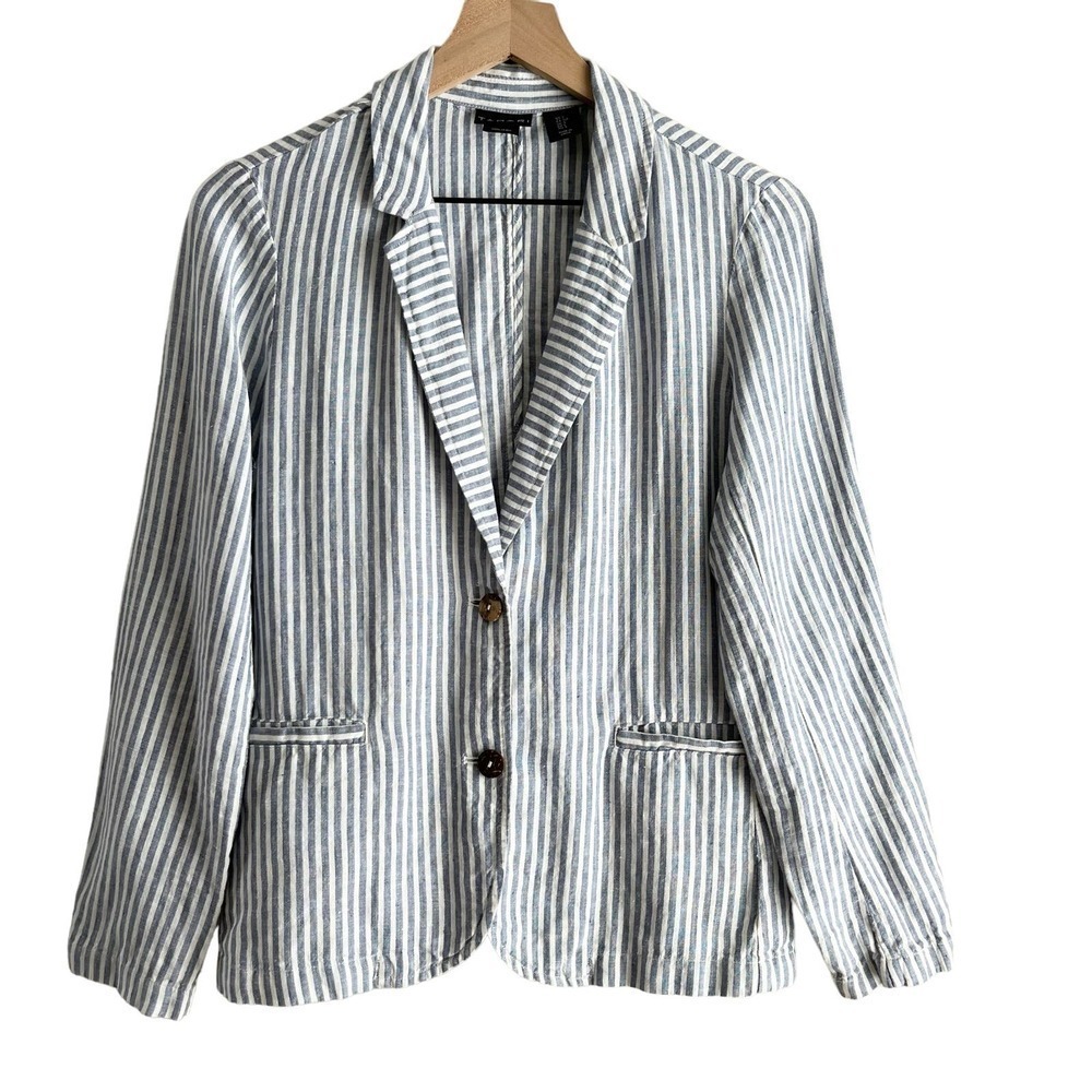 Tahari 100% Linen Striped Blazer Two-Button Front‎ in White & Blue, Small